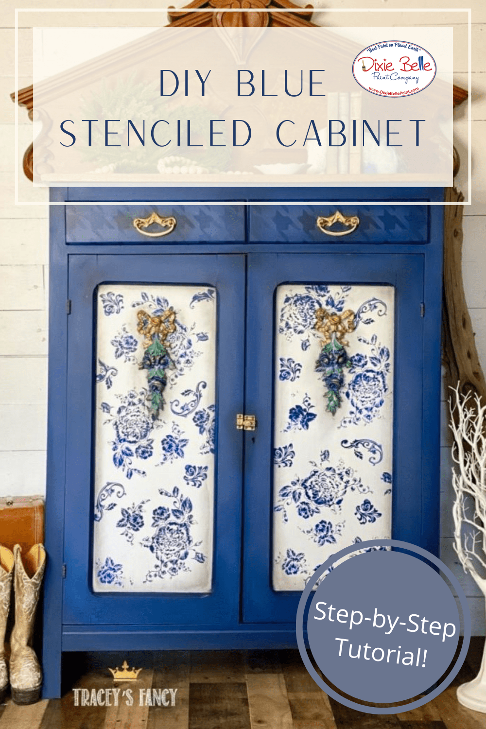 DIY Blue Stenciled Cabinet