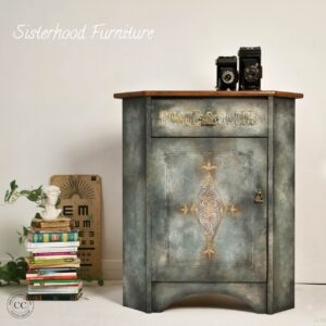 Chalk Mineral Painted end table in black, gray, and white blended together.
