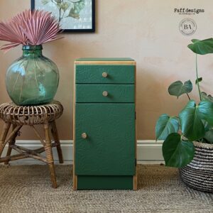 Green chalk mineral painted side board with a daisy stencil. 