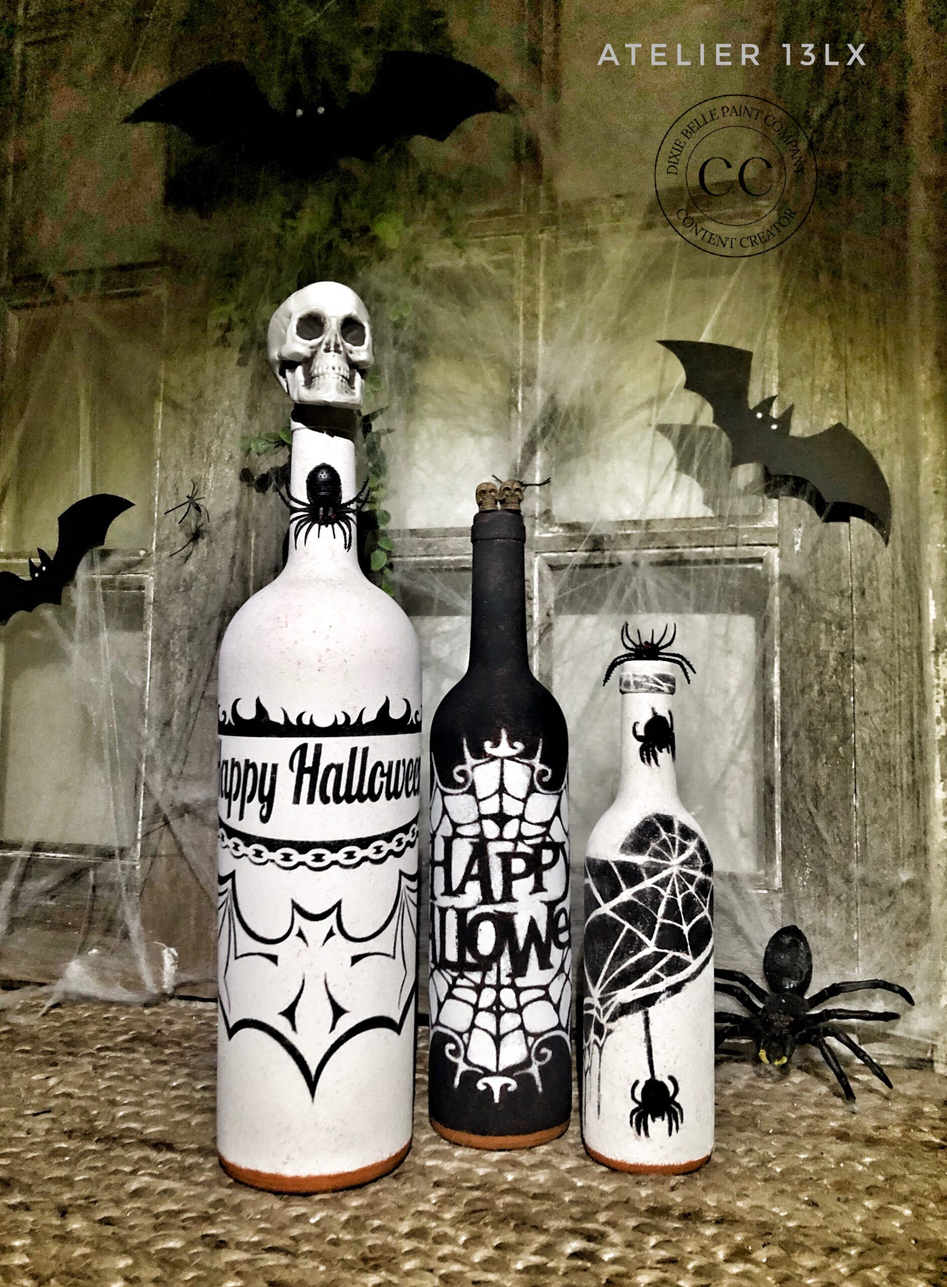Halloween bottle painted by Atelier 13 Lx with Dixie Belle Paint