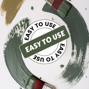 A white background with 3 green paint stripes and two brown paintbrushes that have green paint on them. A white circle with a green stripe through it is on top of the paint stripes, and the words "EASY TO USE" are printed 3 times in the circle.