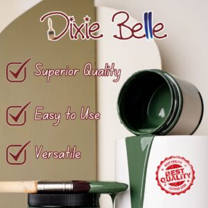 A white round table has a jar of green paint on its side with green paint pouring out of it and running down the table. A black round lid with a brown paint brush with green paint is to the left of the white table. The Dixie Belle logo is at the top, the words Superior Quality, Easy to Use and Versatile with check marks to the left are to the left of the paint jar. A red stamp that reads Best Quality is on the white table.