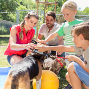 A black and brown dog is being petted by 4 people, a female wearing a red sleeveless shirt with her hair braided; a man with a beard and mustache and wearing a white shirt; a child with blonde hair and wearing a white and green striped shirt; a child with brown hair wearing a gray shirt and blue shorts. 