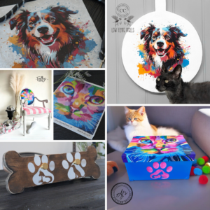 A collage of photos - a photo of a black, brown and white furry dog on a white background with different color paint splatters around it; a photo of a pink and white striped chair with a colorful cat on the chair back, a photo of a colorful cat on a black background, a photo of a brown wooden bone with two white paw prints painted on it; a photo of a brown, black and white furry dog on a white circle with a black cat sitting in front of it; a photo of a blue box with a pink paw print painted on the front and a multicolored cat on top with a white and orange cat in the background