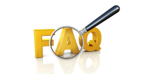 A white background with the letters FAQ in yellow. A black magnifying glass is in front of the A.