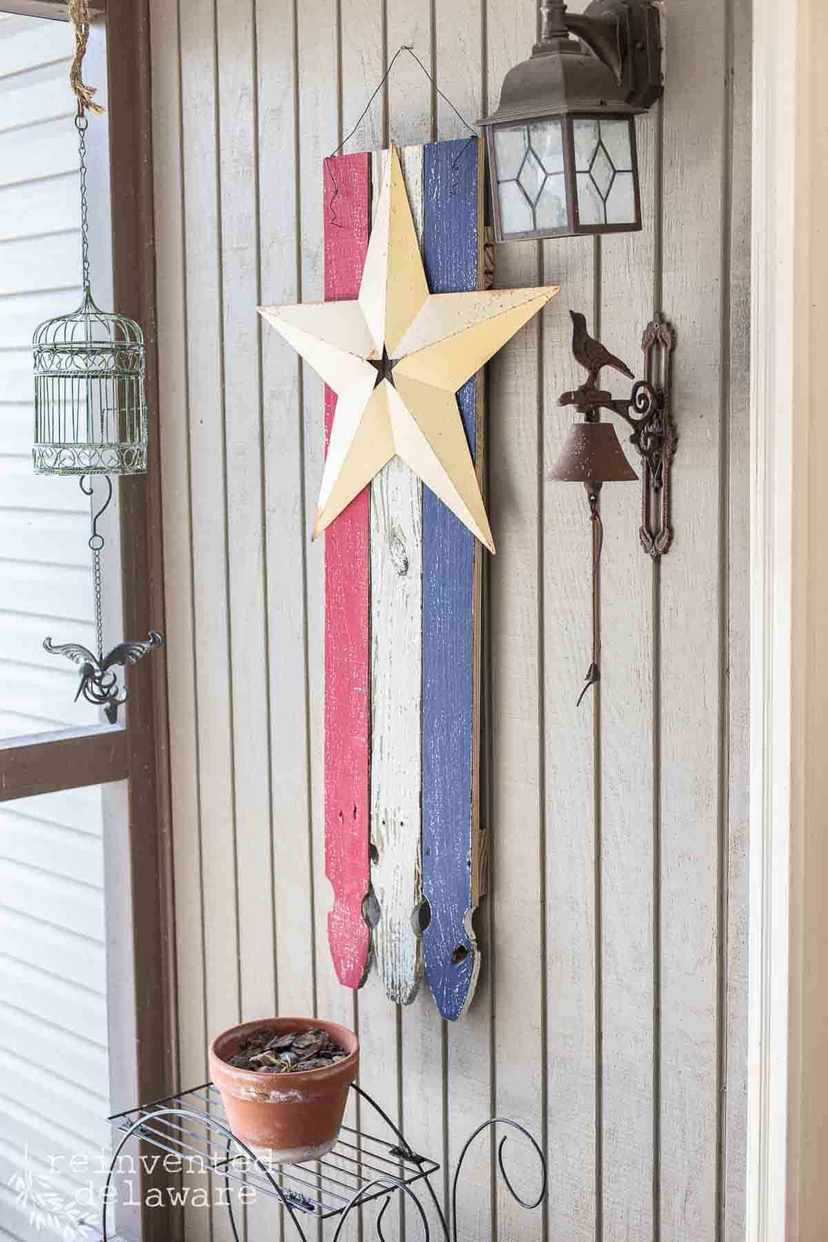 DIY American flag completed and hung on front porch.