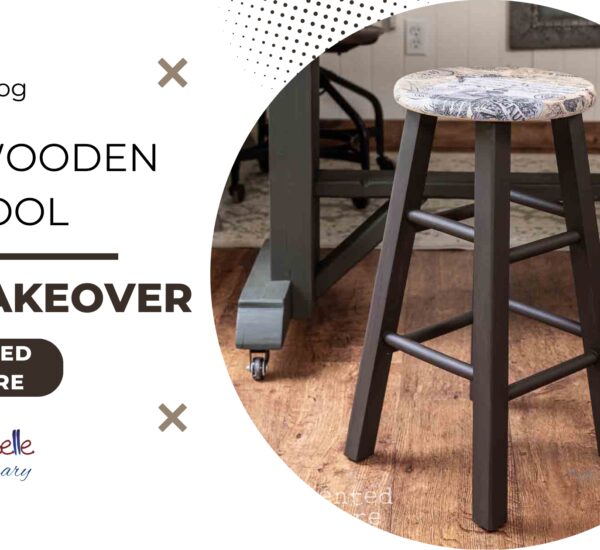 A brown painted wooden barstool with a vintage seat sitting on a brown wooden floor; the words Guest Blog Easy Wooden Barstool DIY Makeover Reinvented Delaware are printed left of the photo.