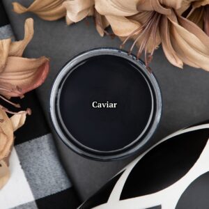 Top view of an opened container of Caviar Chalk Mineral Paint staged with tan flower, white and black checkered cloth on top of a black background.