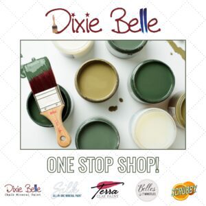 A photo with several open jars of green and white paint; a paint brush with green paint on it is setting on top of an open jar of green paint. Above the photo is the Dixie Belle logo; below the photo reads ONE STOP SHOP and has the different logos for each of the brands that Dixie Belle carries.