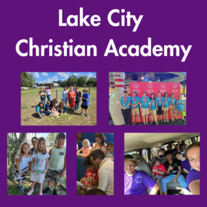 A purple background with the words Lake City Christian Academy printed at the top in white. 5 photos of Lake City Christian Academy students are spaced evenly on the page.