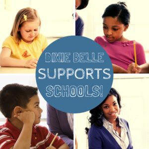 Photos of 4 young students (1 in each corner), with a blue circle in the middle that reads Dixie Belle Supports Schools written in chalk.