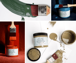 A photo collage of Silk All-In-One Mineral Paint in Acadia, Cape Current, Sequoia and Hampton Olive