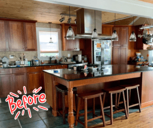 a "before" photo of a kitchen that has wooden cabinet doors