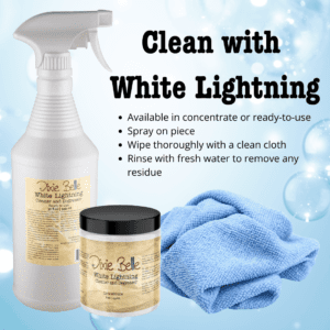 Ready-to-use bottle of White Lightning next to a jar of White Lightning powder and a blue cloth; Instructions for how to properly clean furniture are printed on a blue background with soap bubbles.