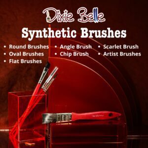 Artist Brushes are standing in a red clear container in front of a dark red background; Dixie Belle Synthetic Brushes are listed above the artist brushes